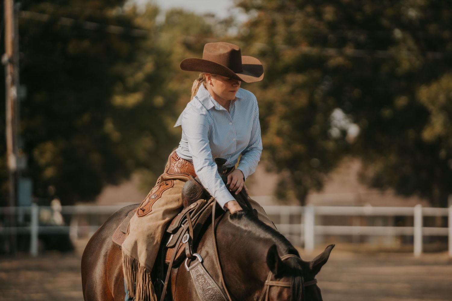 A rider in western attire guides their horse through a fenced arena at sunset.