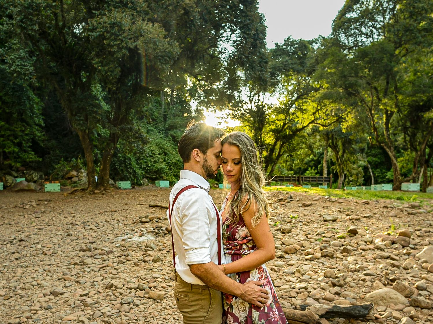 A couple embraces in a natural setting surrounded by trees and dappled sunlight.