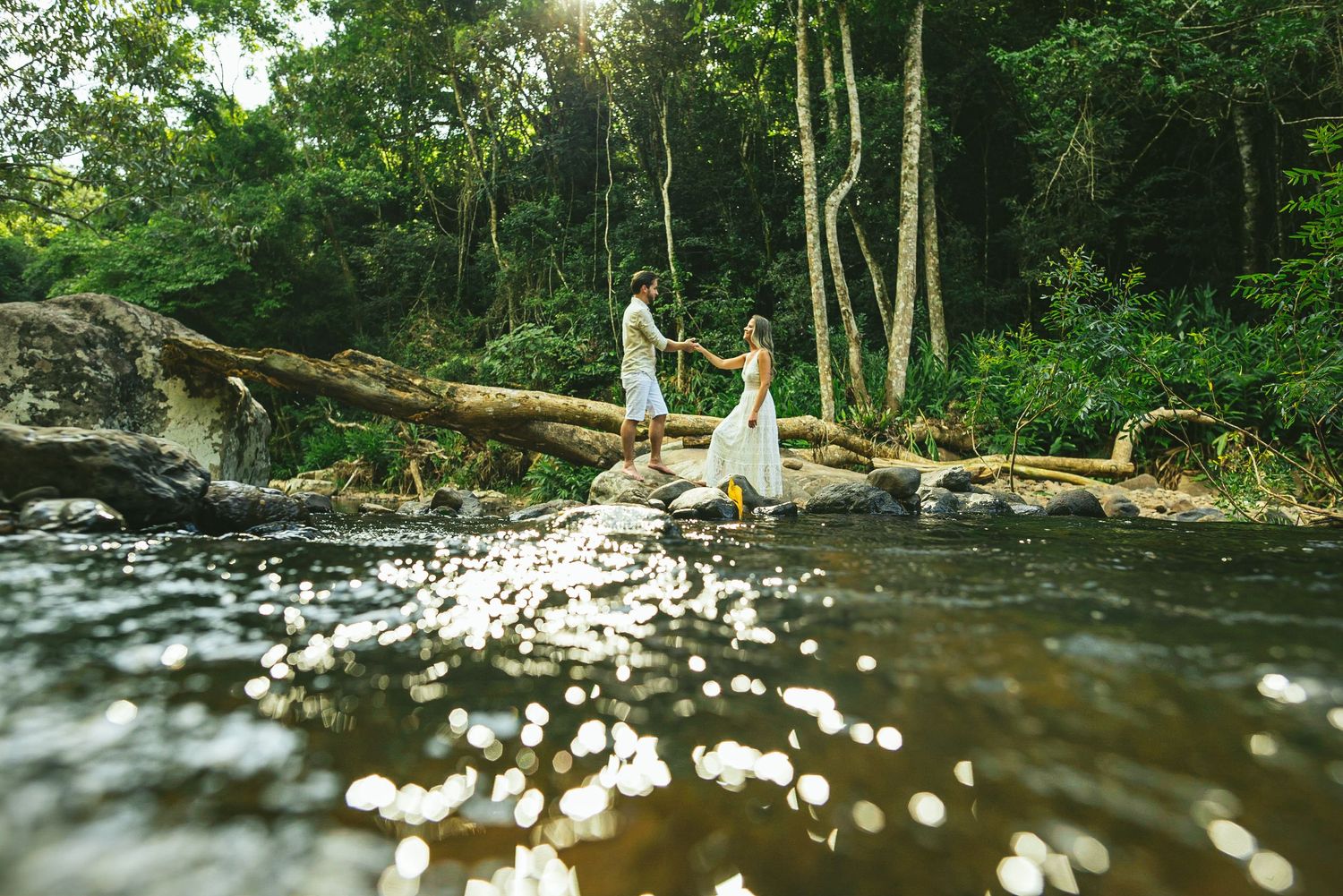 Two people stand on a fallen log over a sparkling creek surrounded by lush forest greenery.