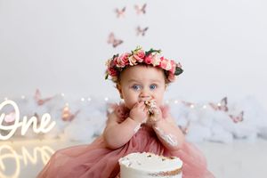 A baby wearing a pink floral crown and tulle dress sits on the floor with pink butterflies and decorative elements.