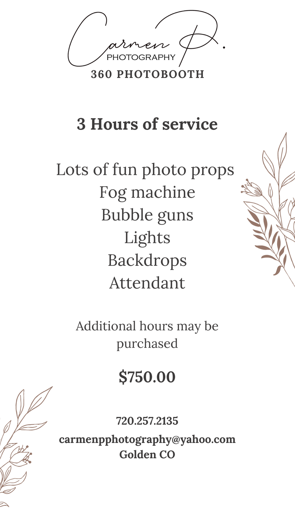 Photography service pricing flyer for 360 photobooth package with props and equipment details in Golden CO.