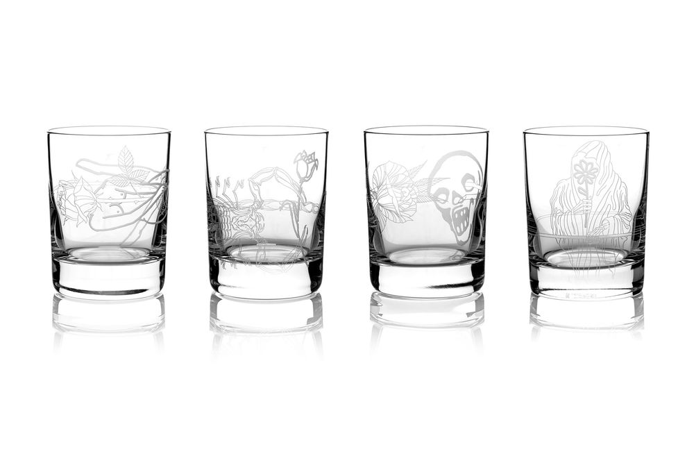 A row of empty whiskey glasses showing a progressive drinking sequence from full to empty.