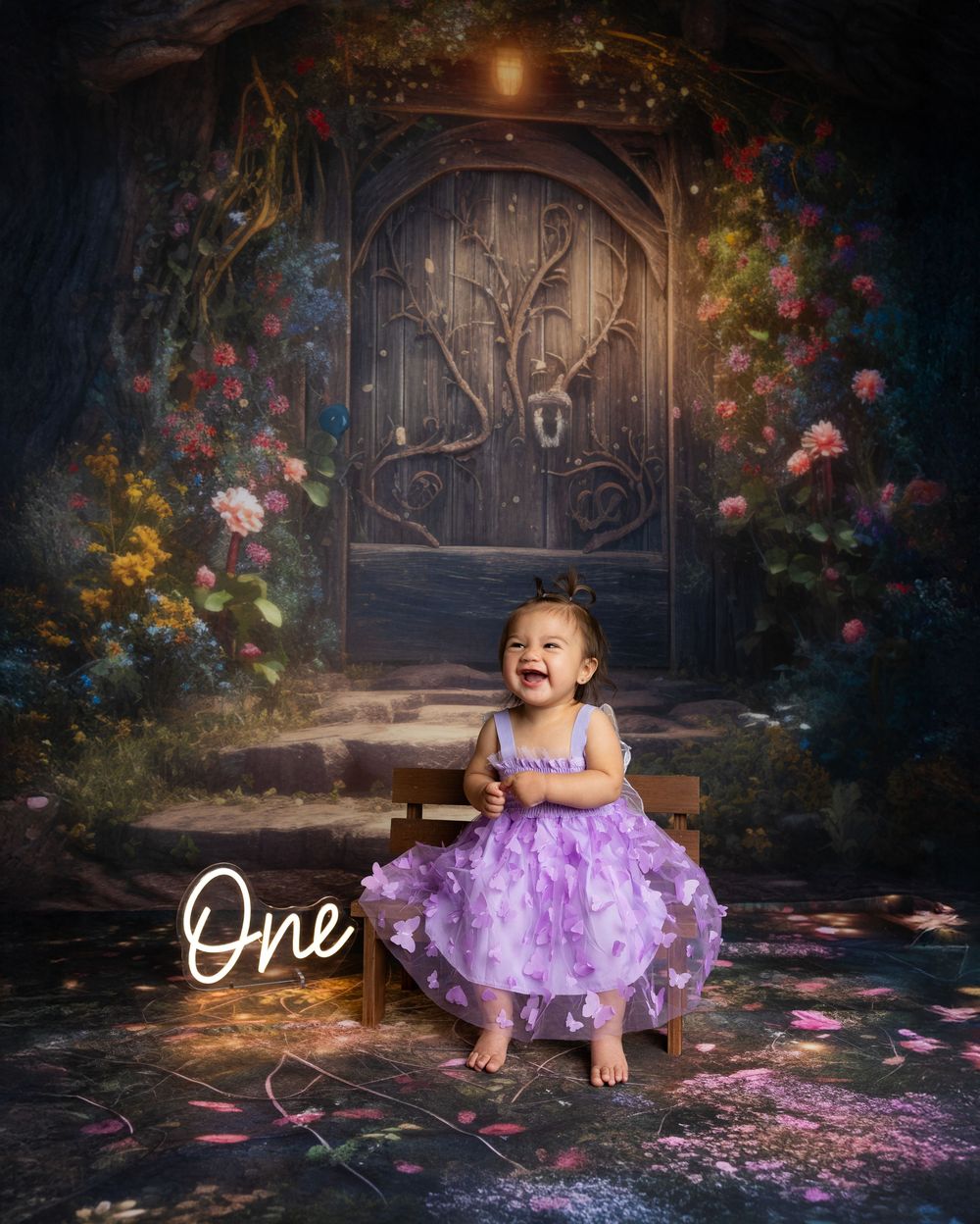 A magical garden scene features a wooden door surrounded by blooming roses with festive decorative lighting.