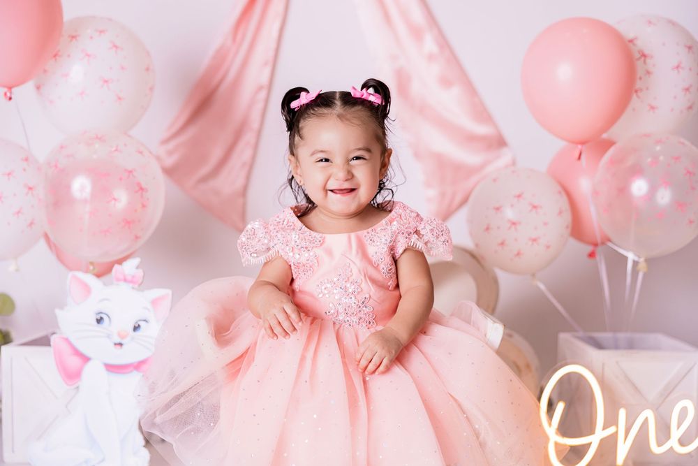 Smiling toddler girl in pink tulle dress at first birthday party with balloons and Marie cat plush.