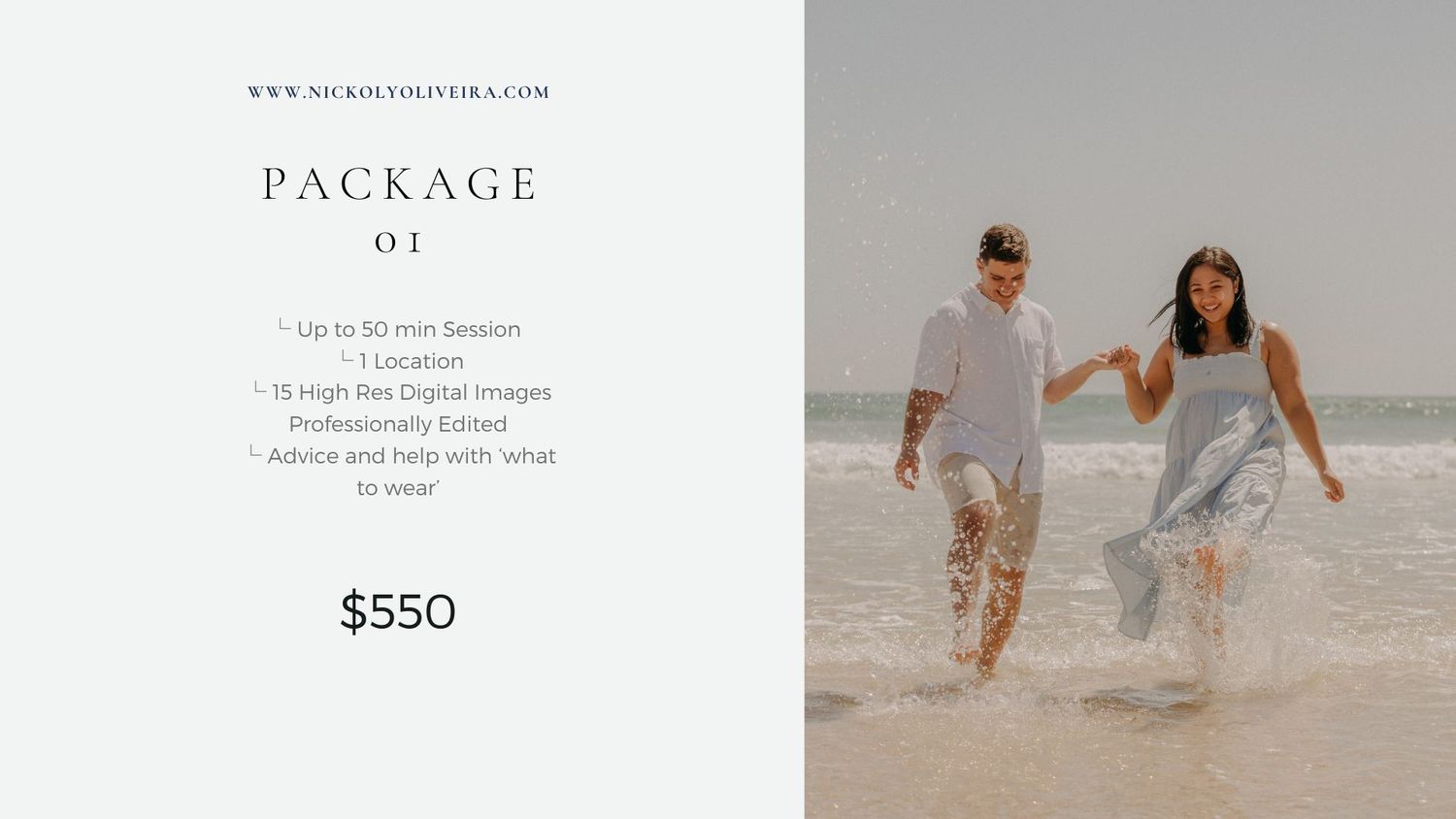 Photography pricing package template with beach photo and pricing details.