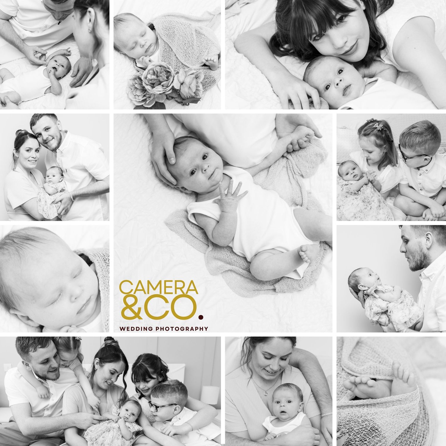 Professional photo collage showcasing intimate newborn photography moments in black and white.
