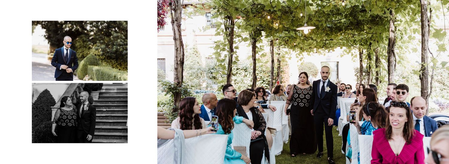 Bride walking down aisle with escort through lush garden wedding ceremony with seated guests.