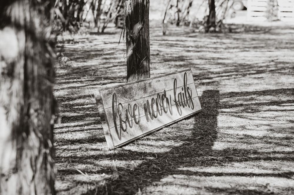 Black and white photo of a vintage 'Here comes the bride' sign in a wooded area.