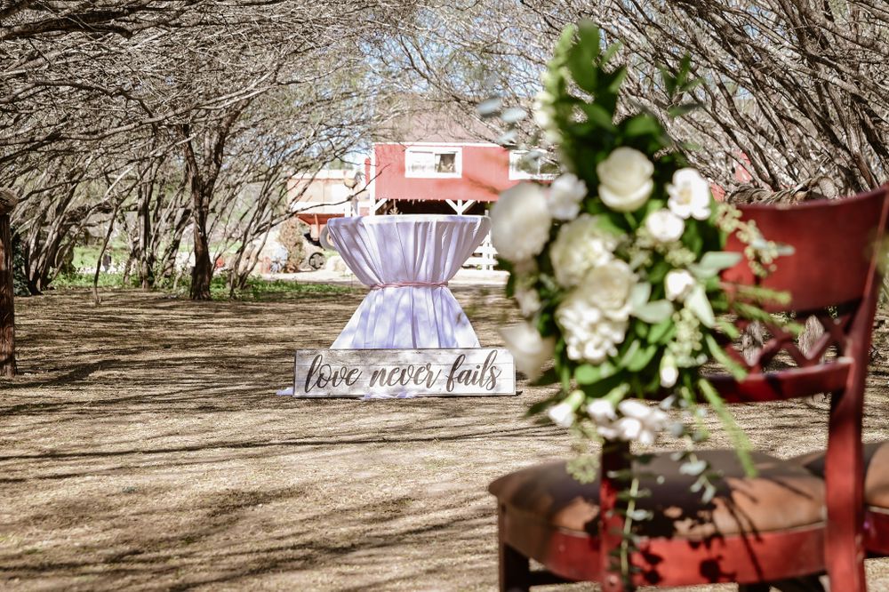 Whimsical wedding setup with red chairs and floral arrangements under a canopy of bare branches.