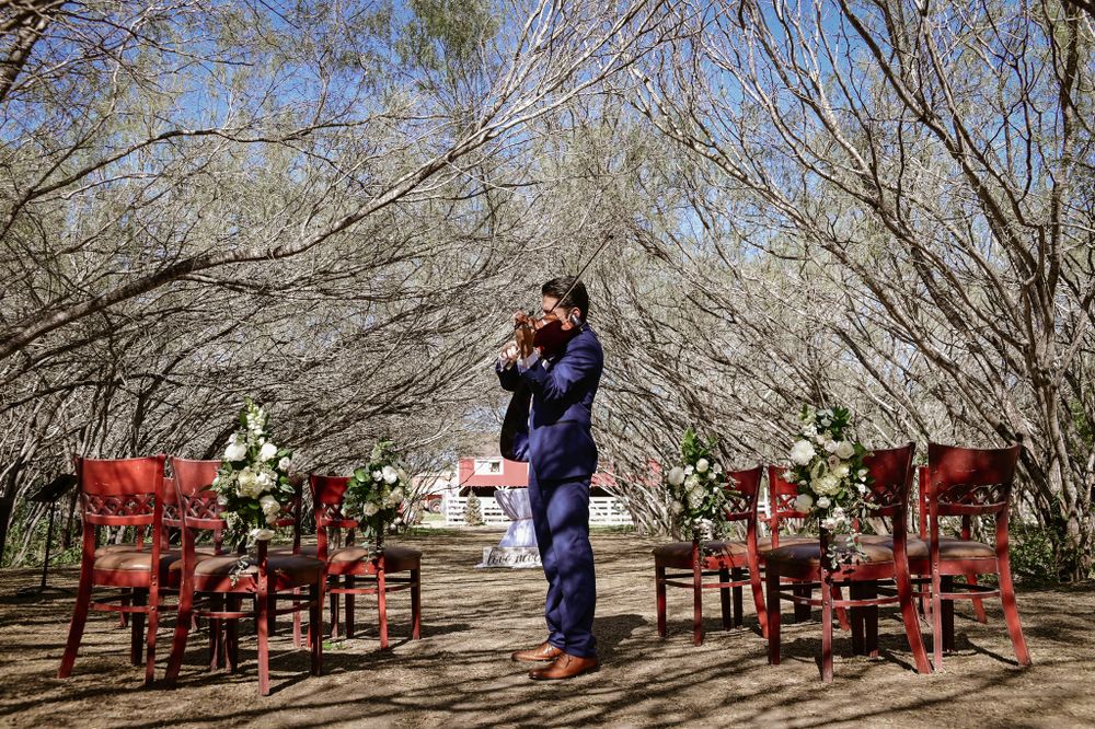Outdoor wedding ceremony setup with red chairs arranged under arching tree branches.