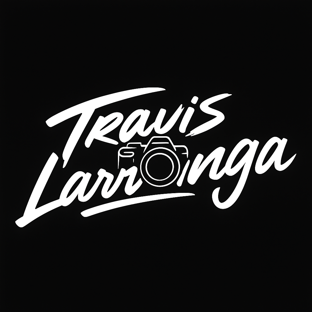 White typography logo design for Travis Larronga Photography with camera icon on black background.