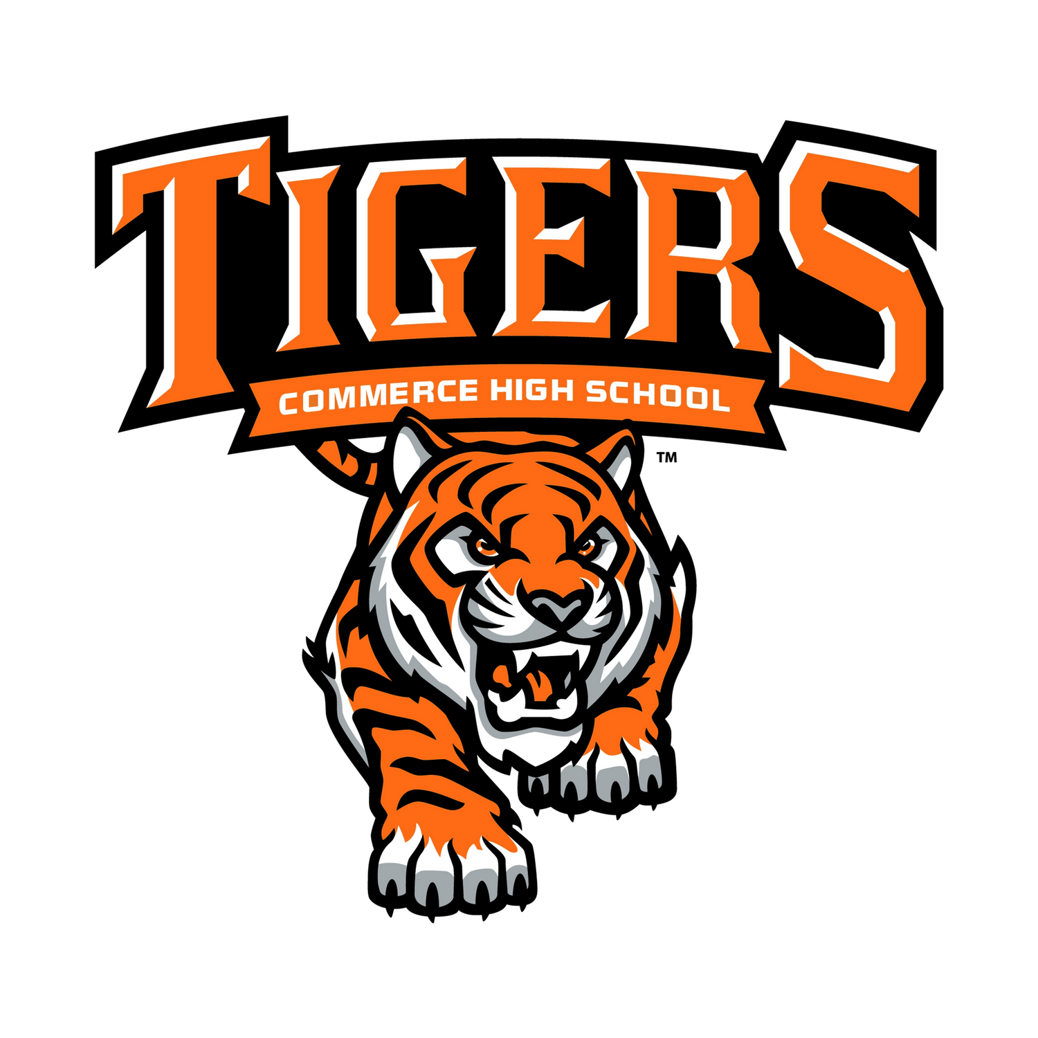 Commerce High School Tigers logo featuring an orange and black tiger mascot with aggressive expression.