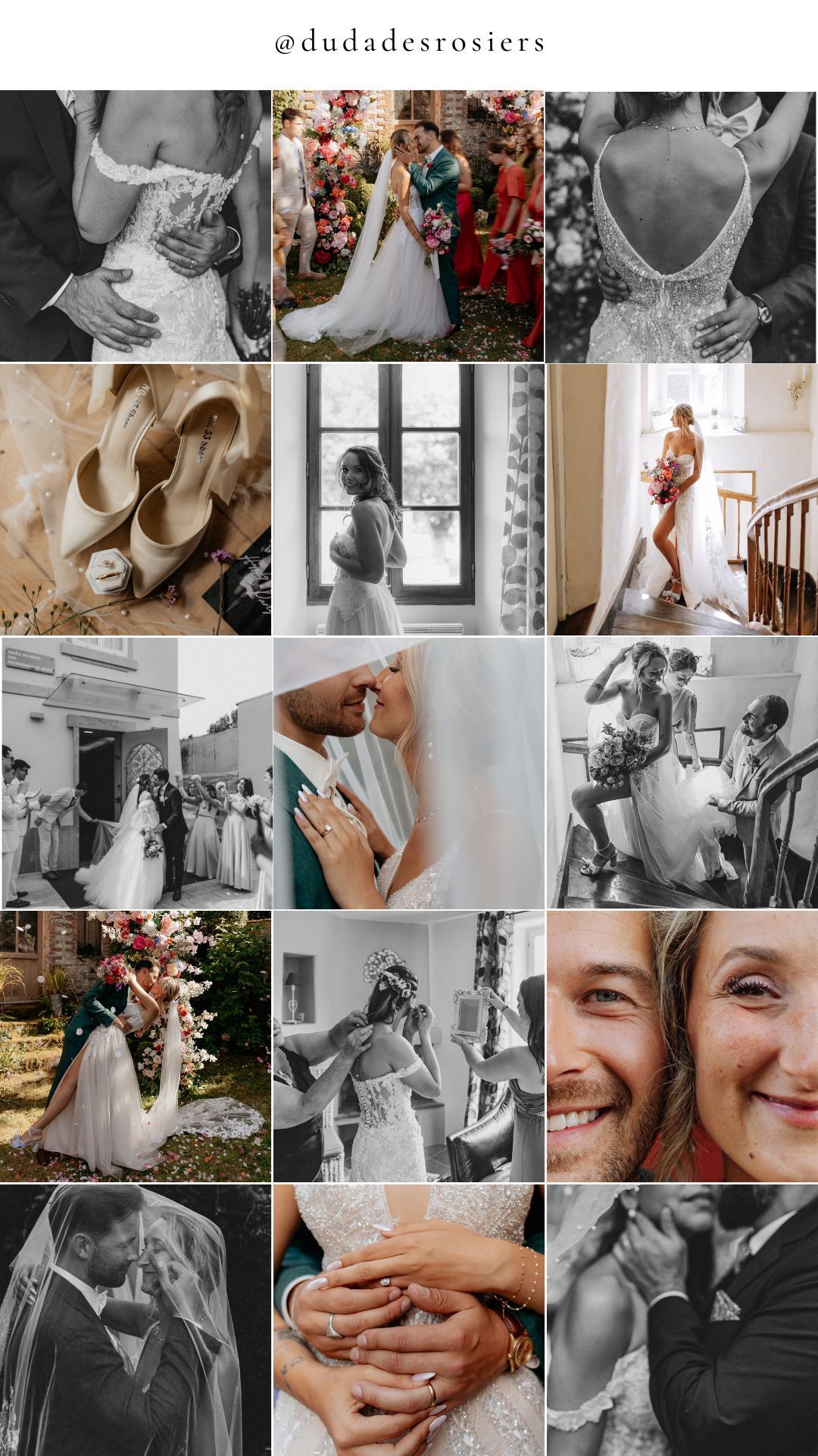 Wedding photography portfolio grid showing various romantic moments and bridal details. French weddings