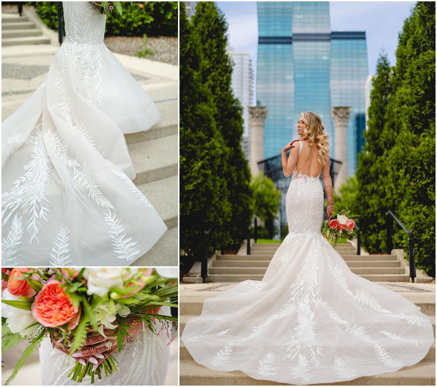 Detailed shot of embroidered wedding dress train against modern city architecture.