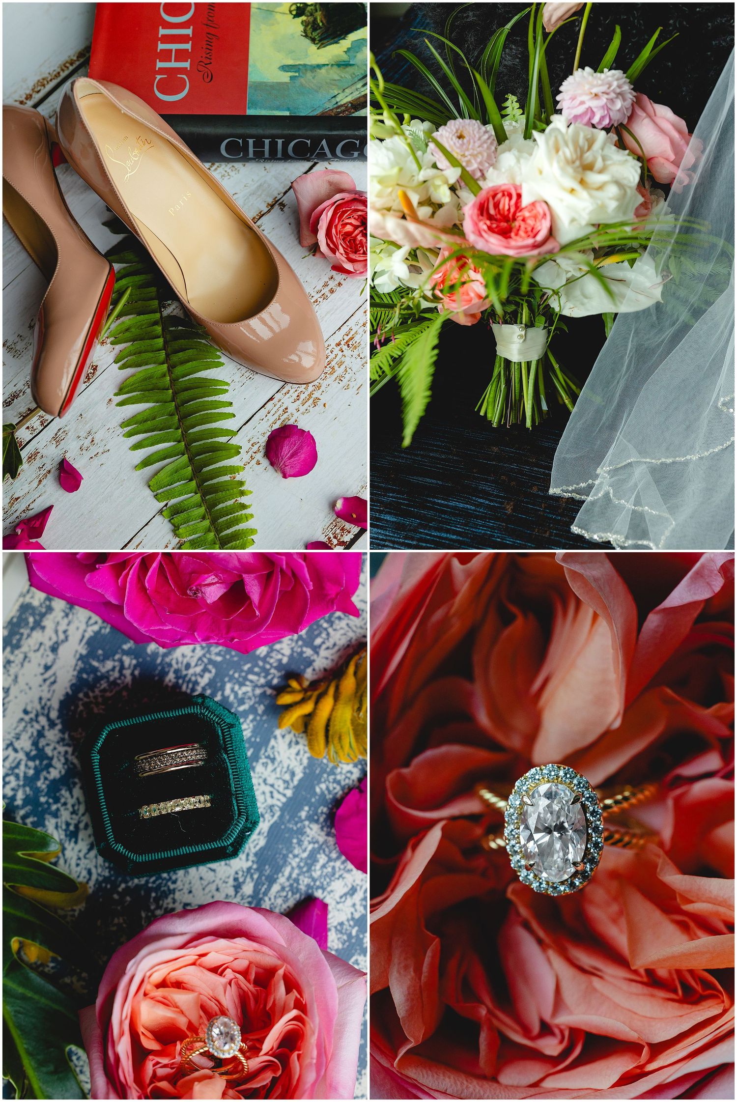 Wedding details flatlay with nude heels, rings, and pink and white floral arrangements.