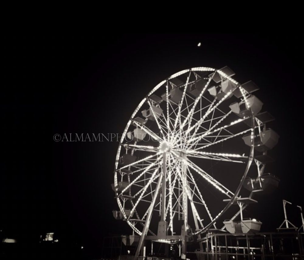 Illuminated Ferris wheel against a dark night sky in black and white.