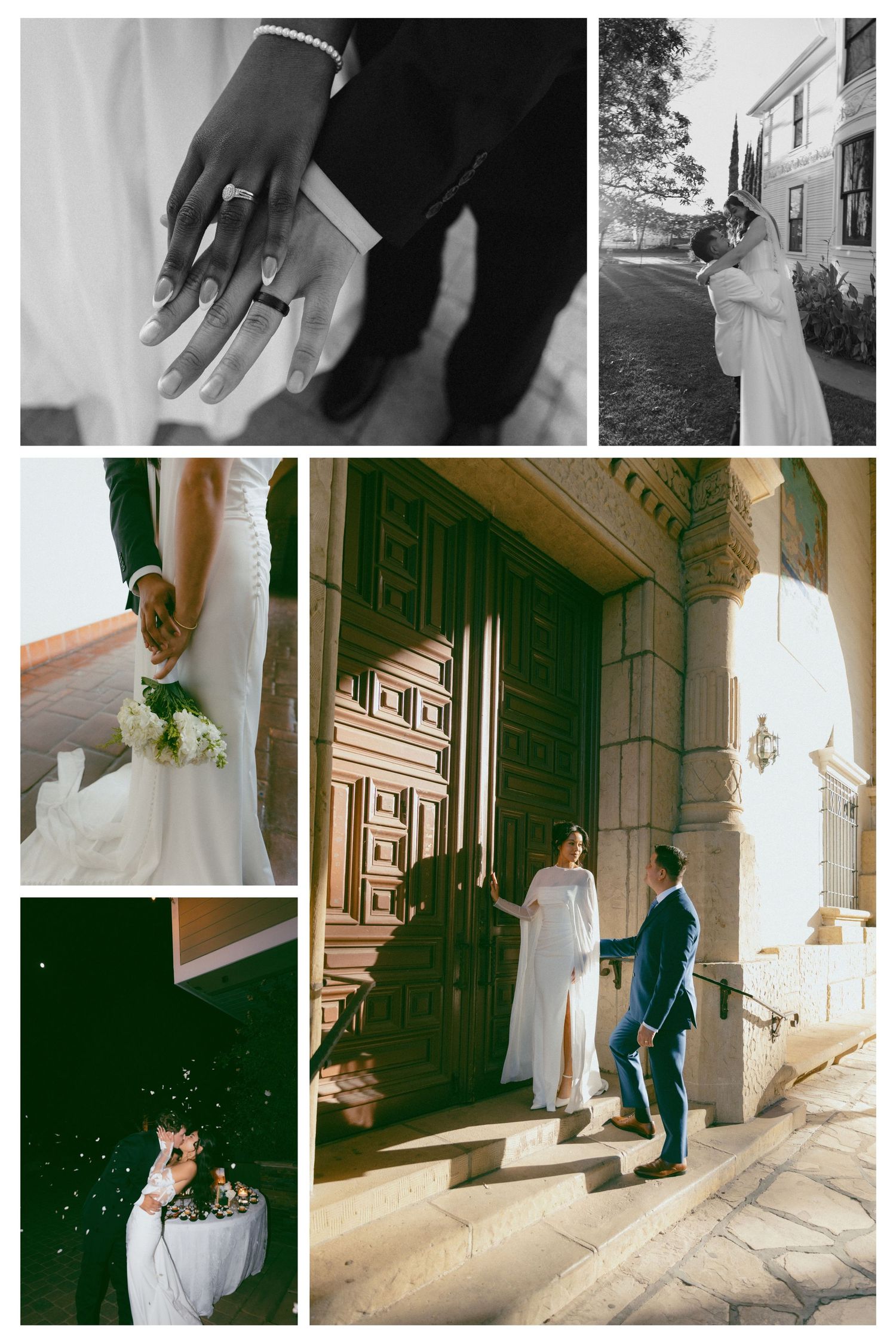 A collage of elegant wedding photos featuring a close-up of rings, bridal portraits, and a couple at a grand entrance.
