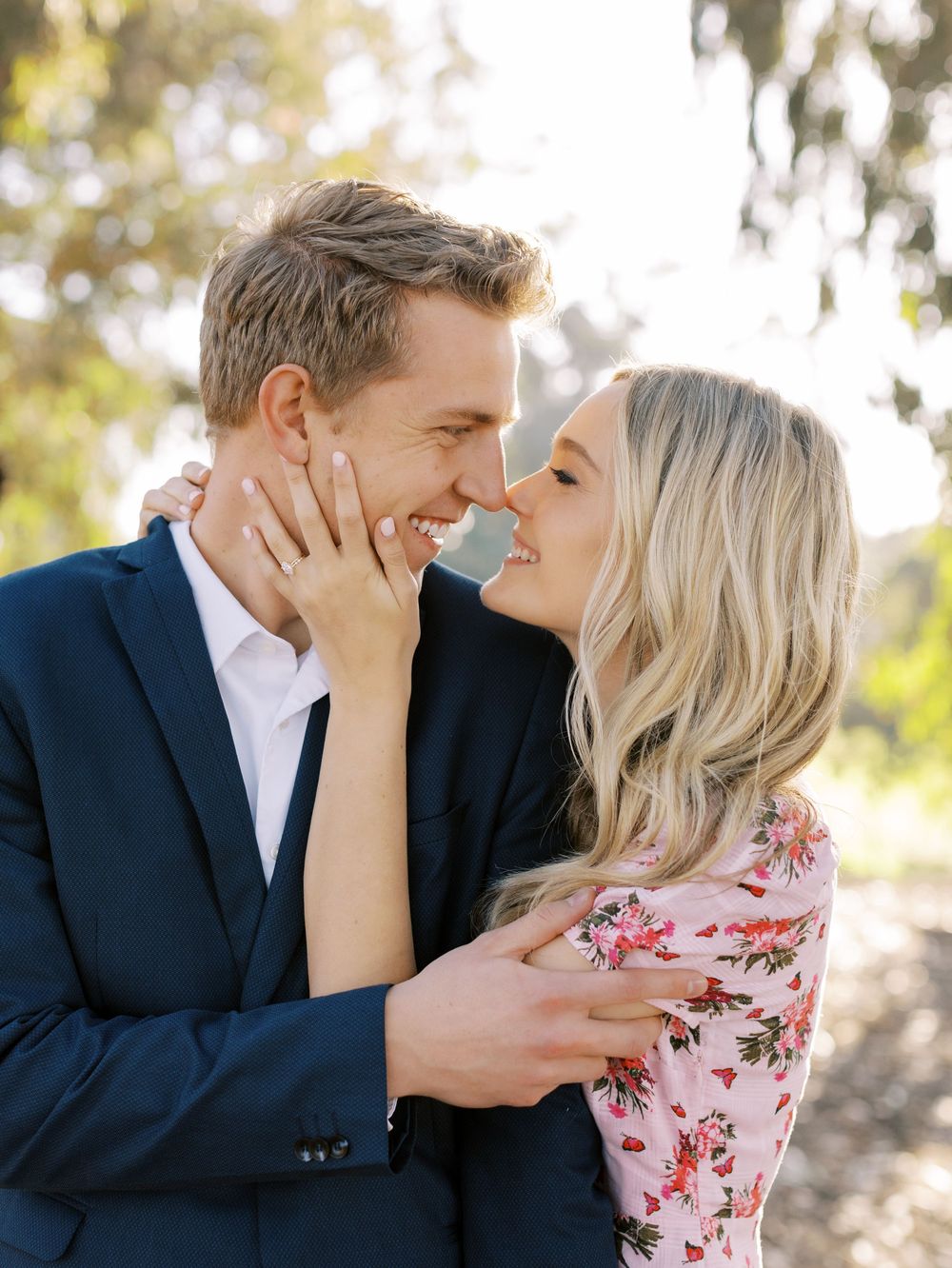 A romantic couple shares tender moments in a series of intimate outdoor photos with soft natural lighting.