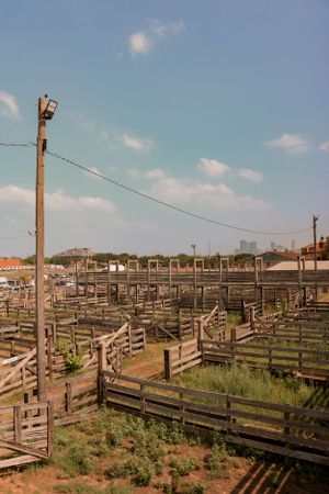Overhead view of empty wooden livestock pens at the Fort Worth Stockyards.