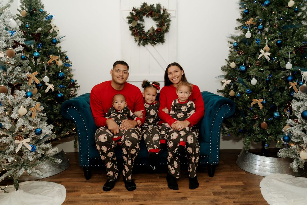 A series of holiday family photos showing people posing in front of decorated Christmas trees with matching outfits.