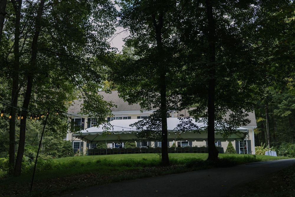 Lush green trees and white buildings create a serene outdoor wedding venue setting.