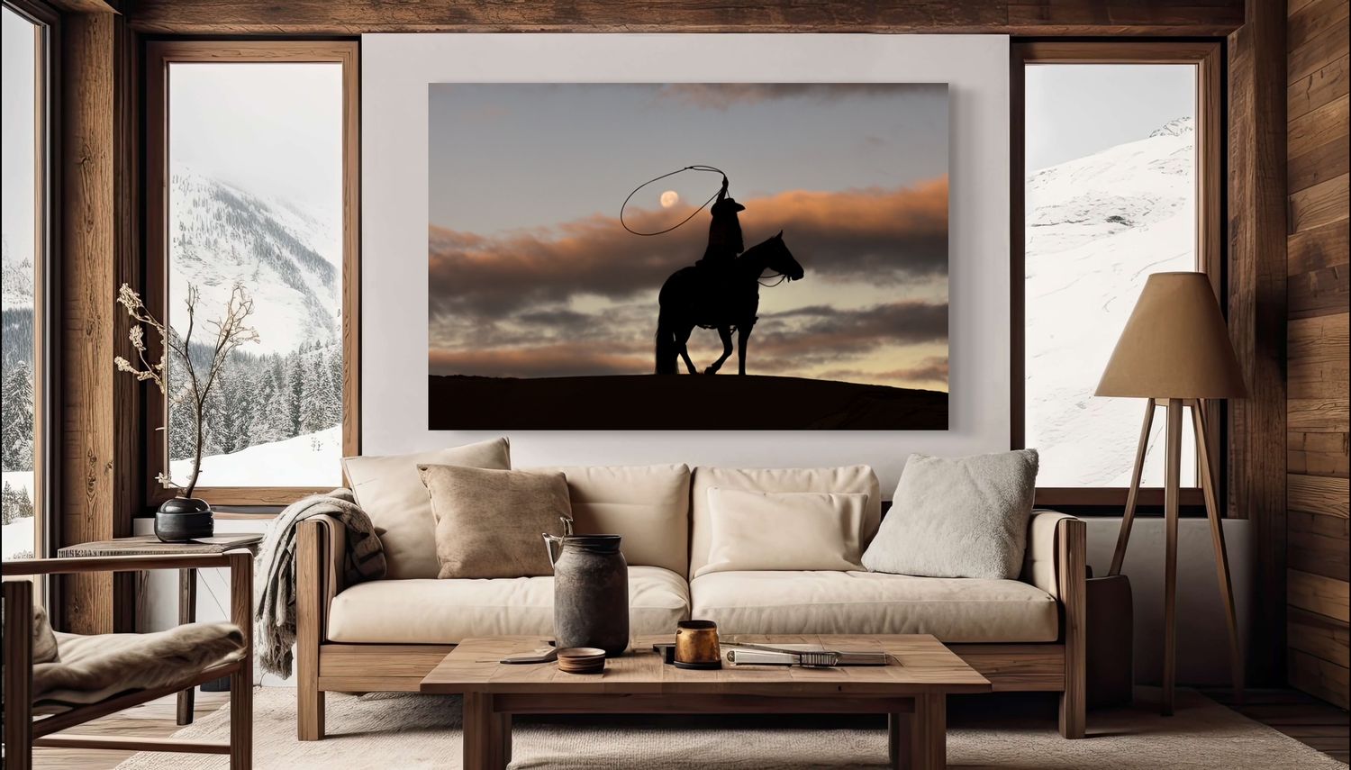 Horse silhouette against sunset canvas art displayed in cozy mountain cabin living room.