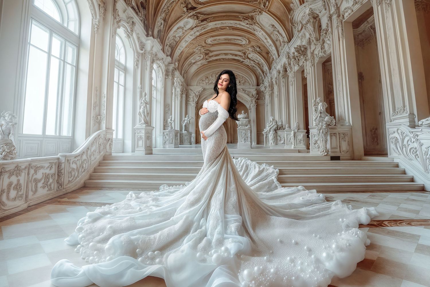 Woman in an exquisite pearl gown in a palace basking in the sunlight through the large ornate windows.