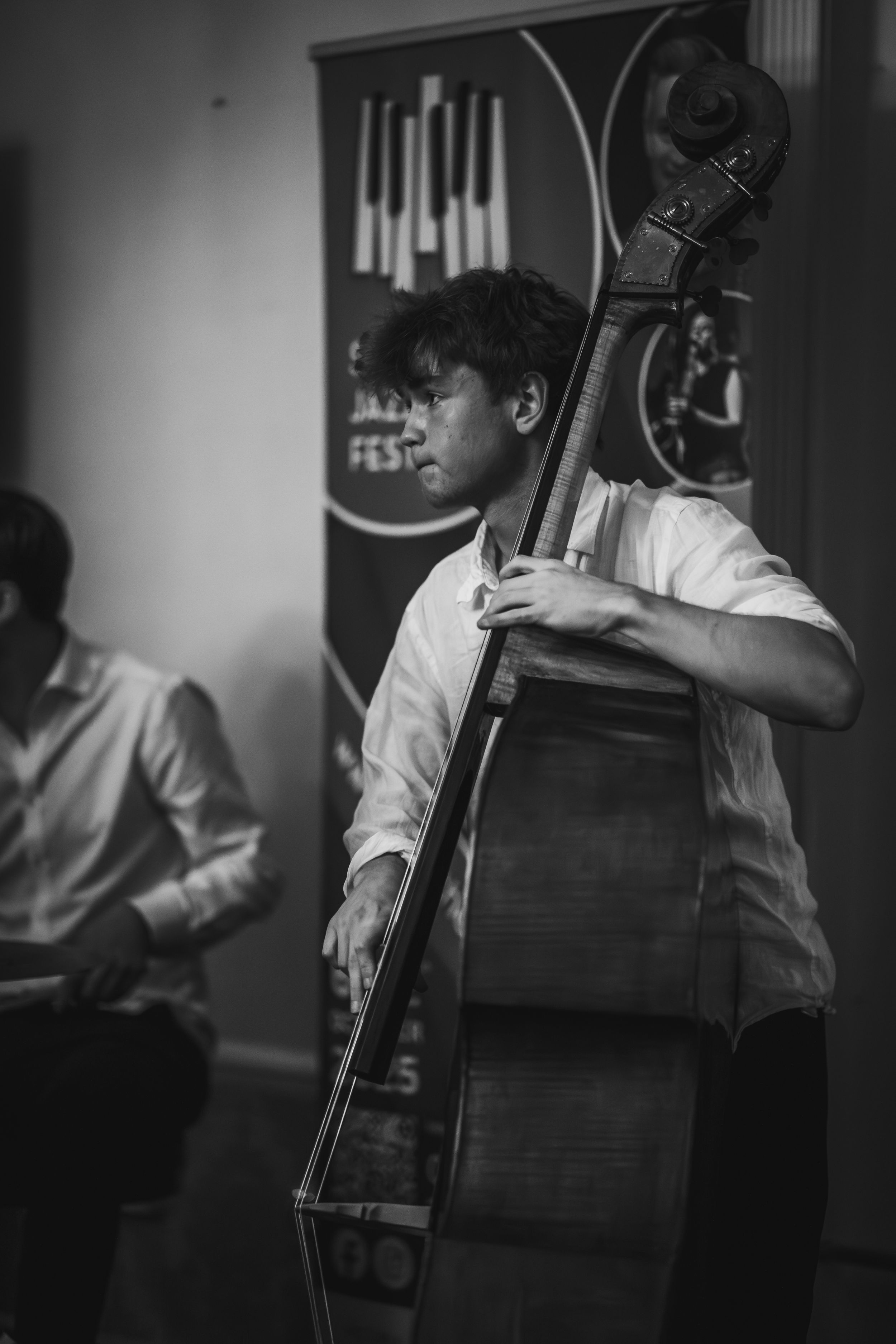 Close-up of double bass player performing in black and white.