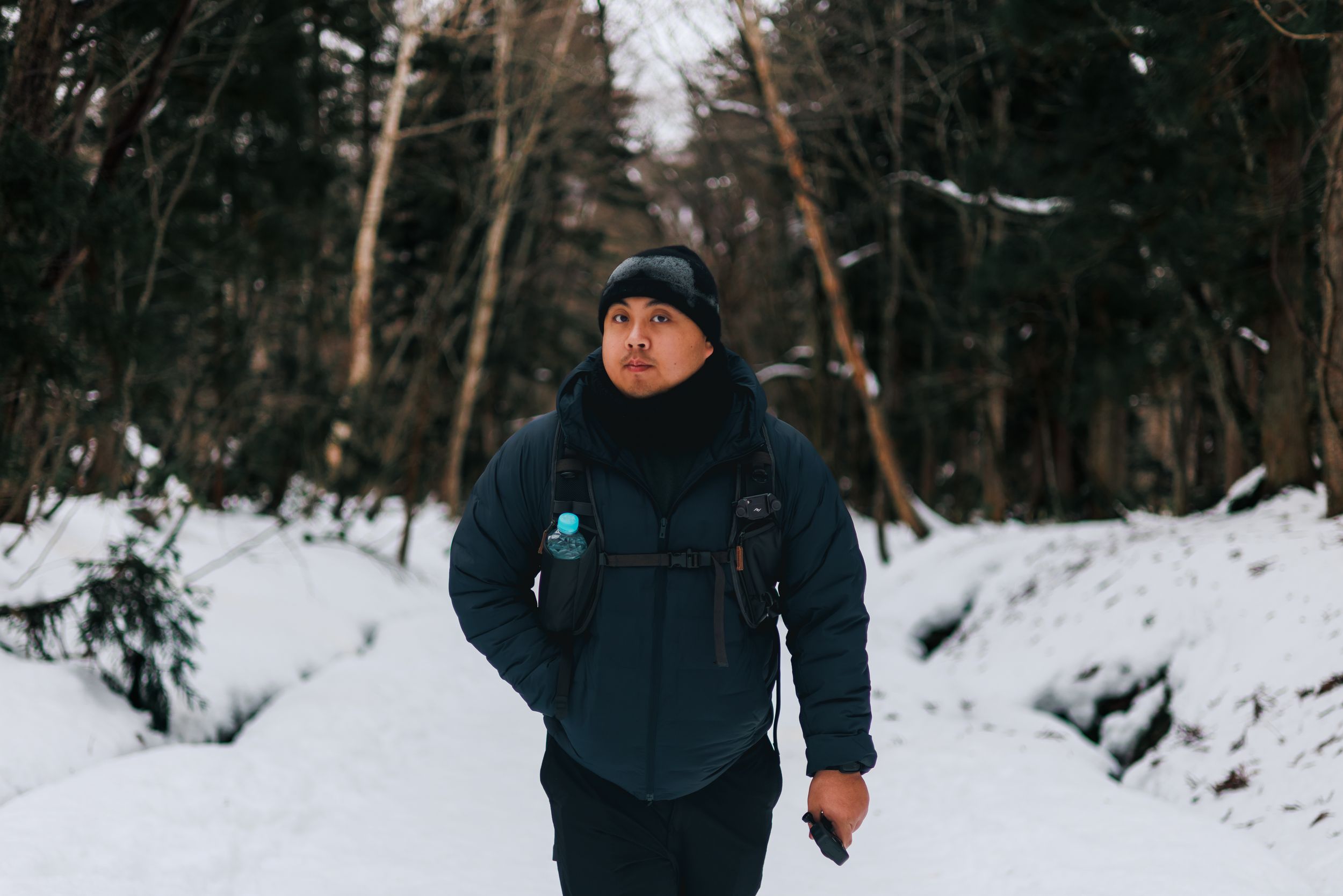 A person in winter clothing walks through a snowy forest path during a peaceful winter day.
