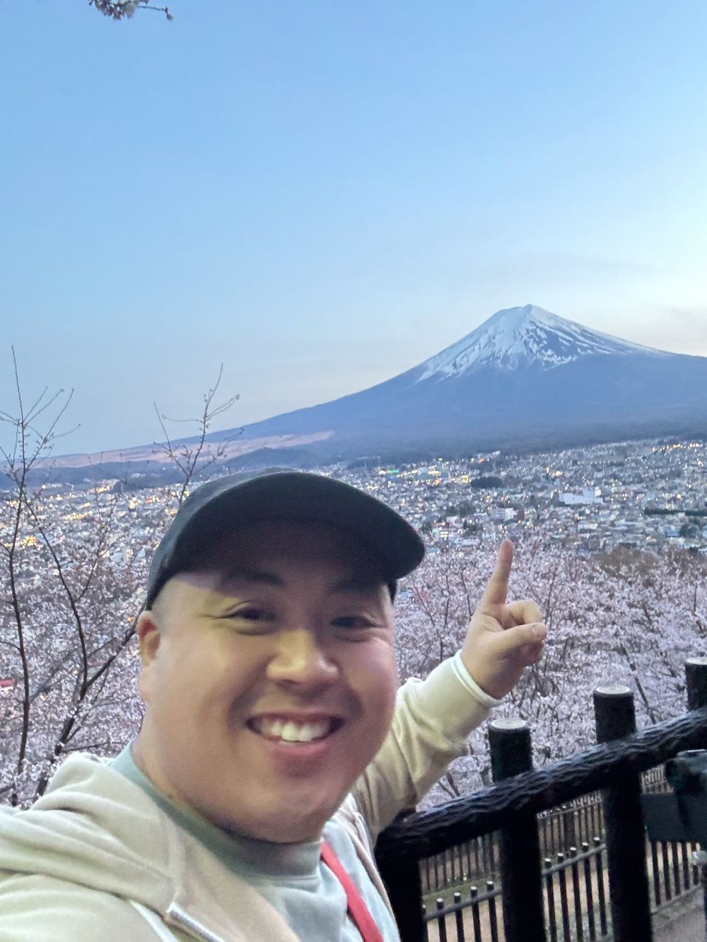 View of Mount Fuji with cherry blossoms in foreground.