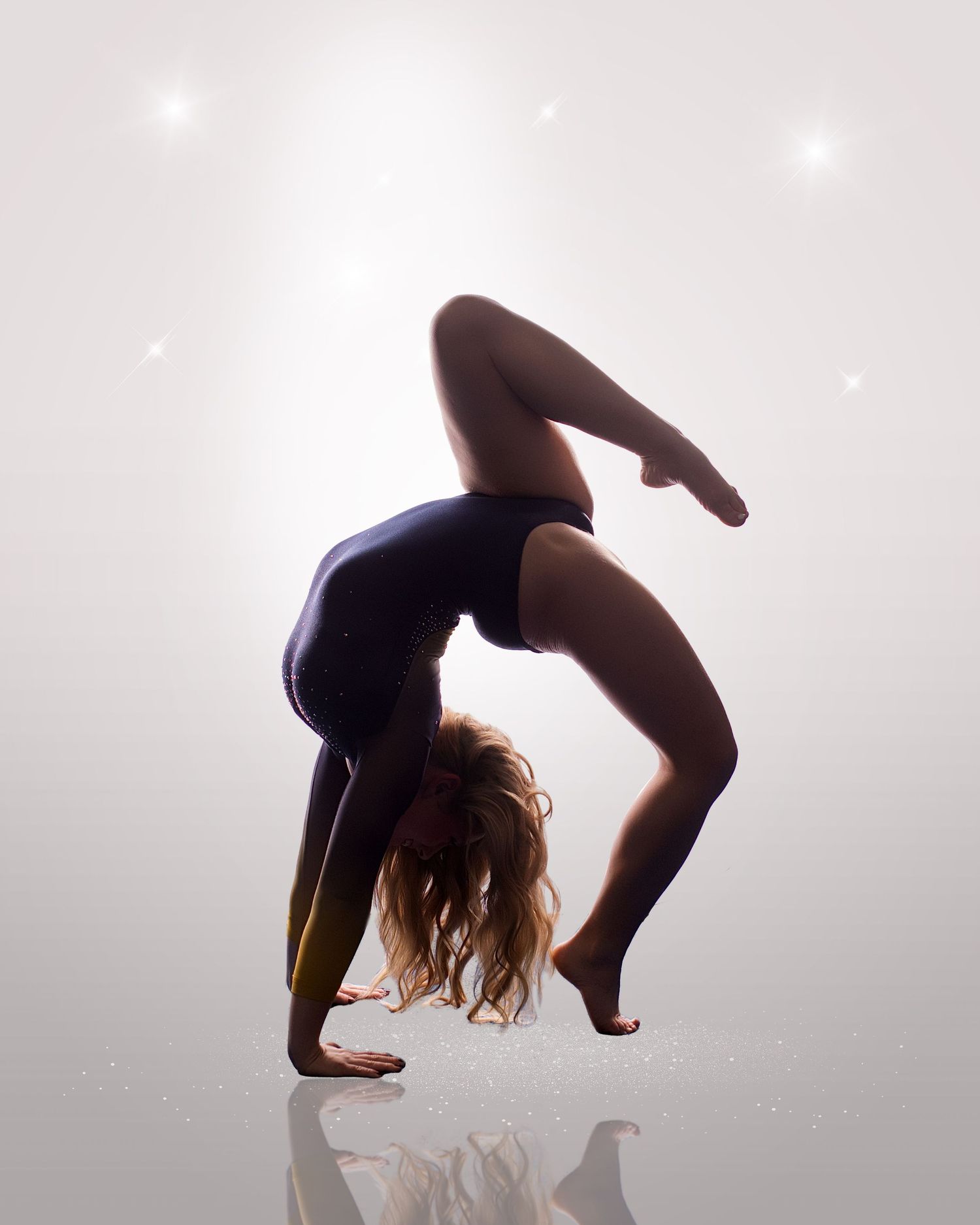 A sequence of silhouettes showing a gymnast performing a graceful backbend movement against a light background.