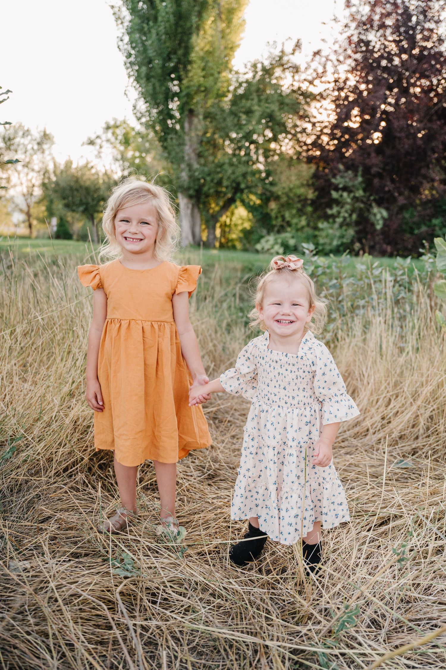 Two young children in dresses hold hands while standing in tall grass during golden hour.