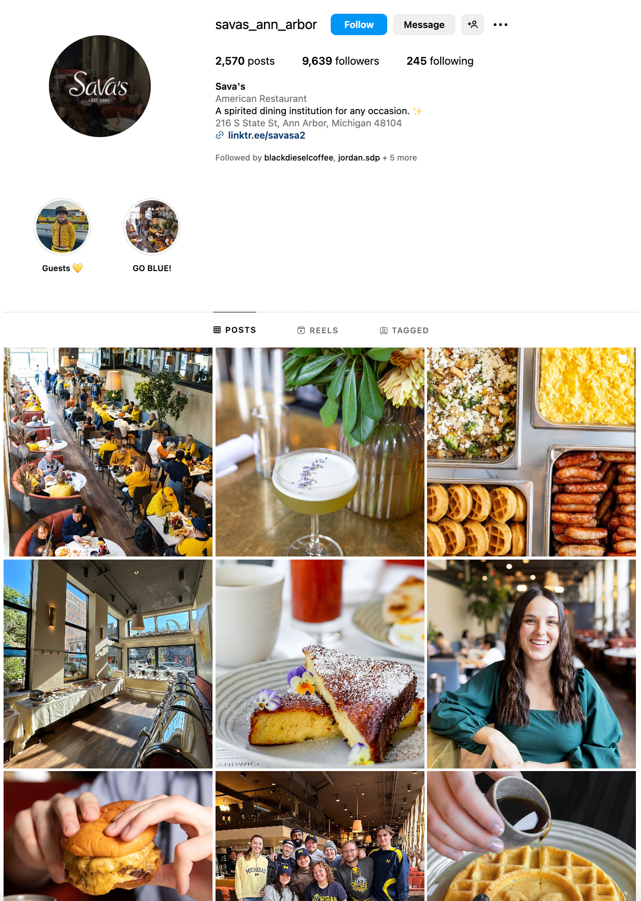Instagram profile grid displaying food photography and restaurant ambiance shots.