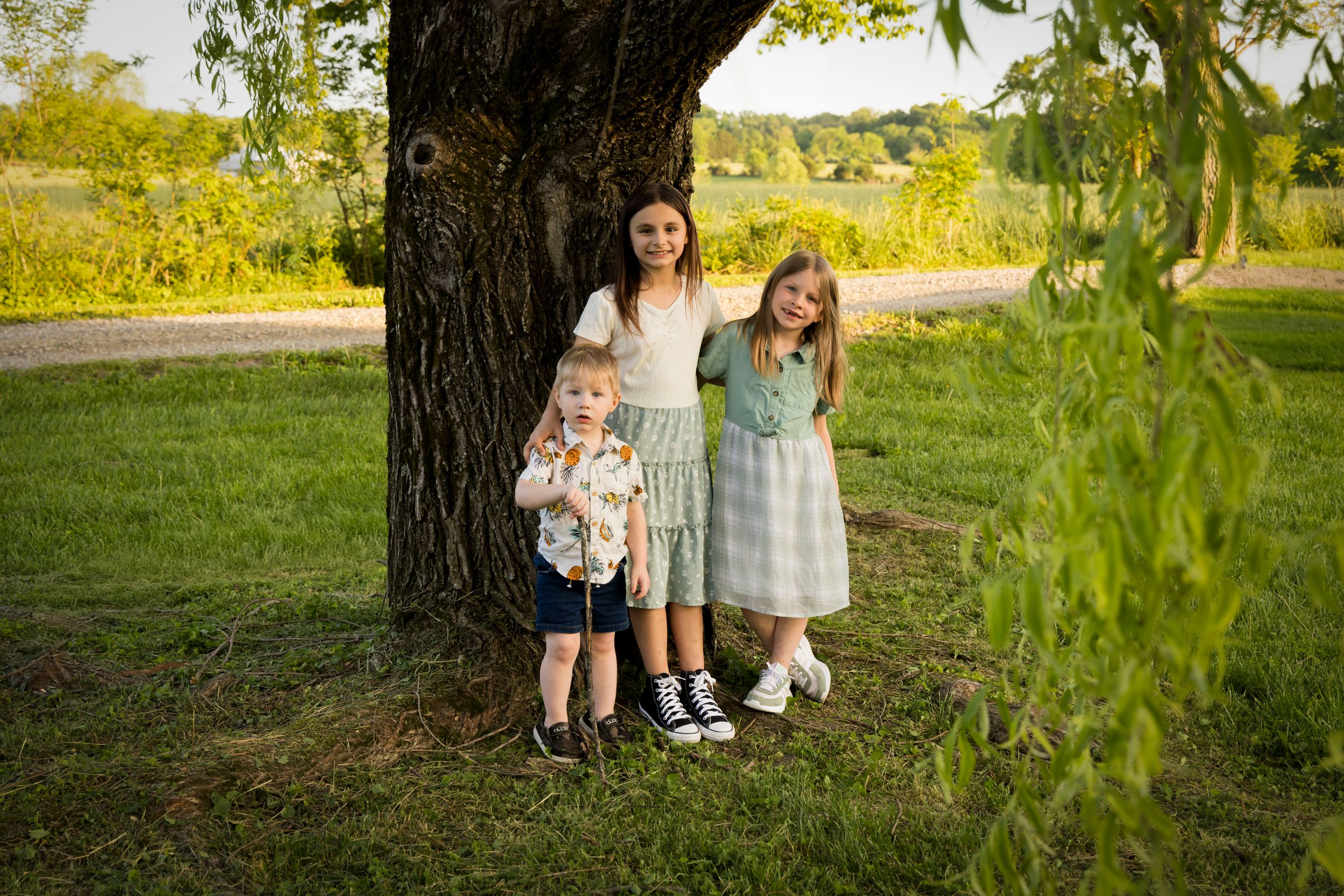 Three children standing together under a large tree in a sunny meadow.