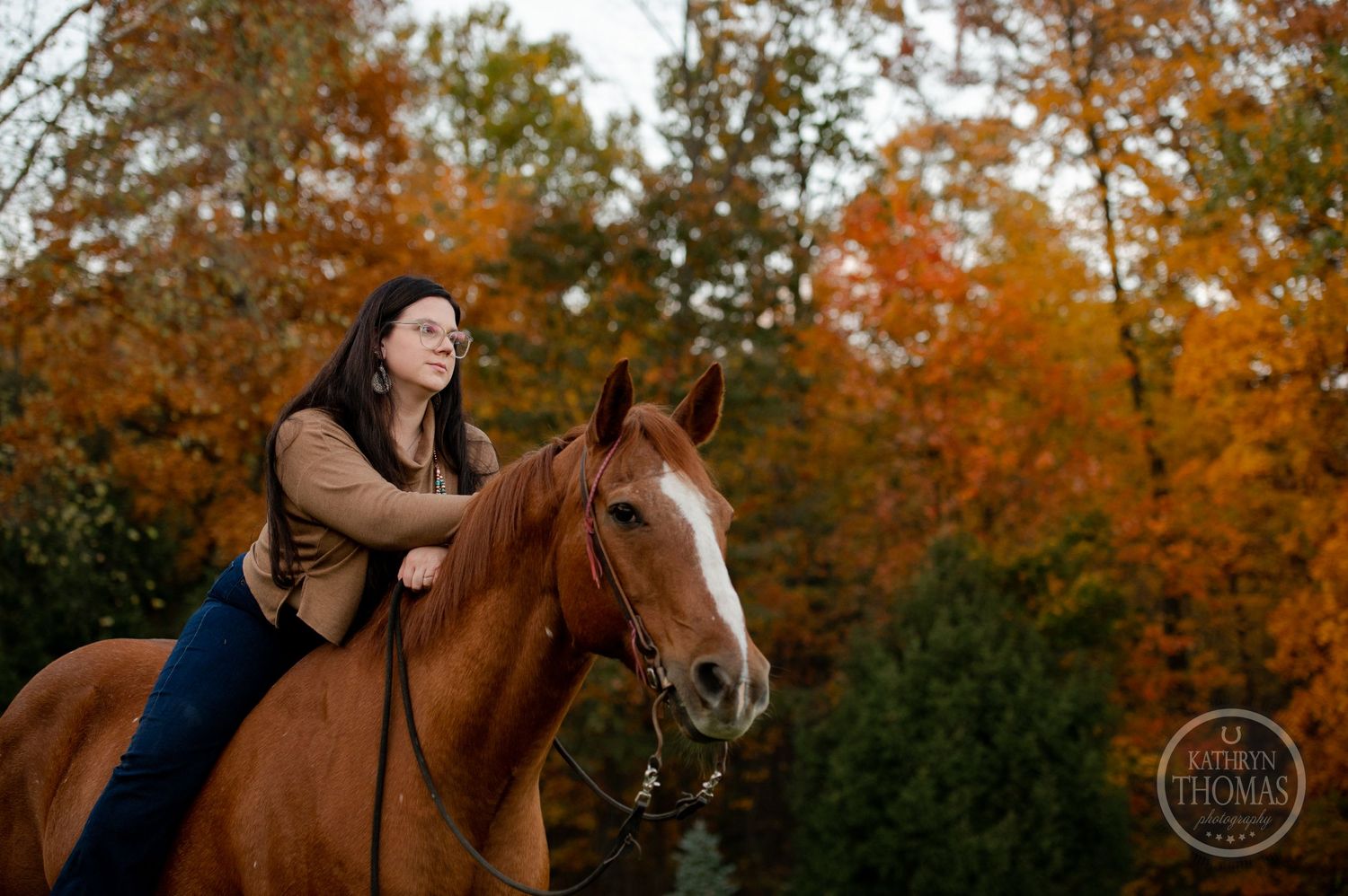 A chestnut horse with distinctive facial markings poses against vivid fall foliage during an autumn photoshoot.