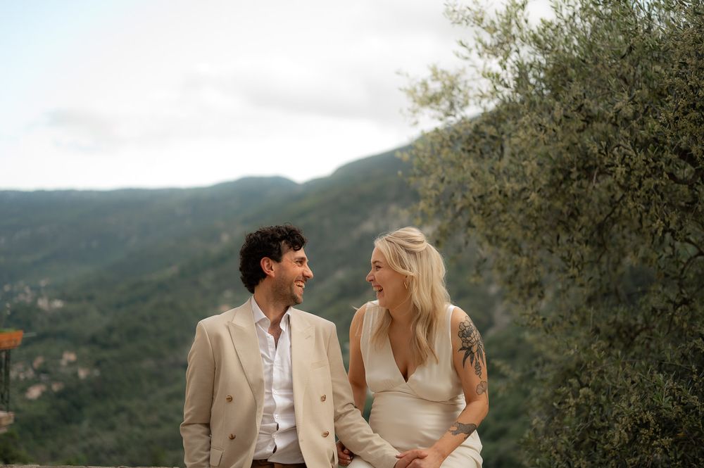 Mediterranean hillside with olive groves and mountain views.