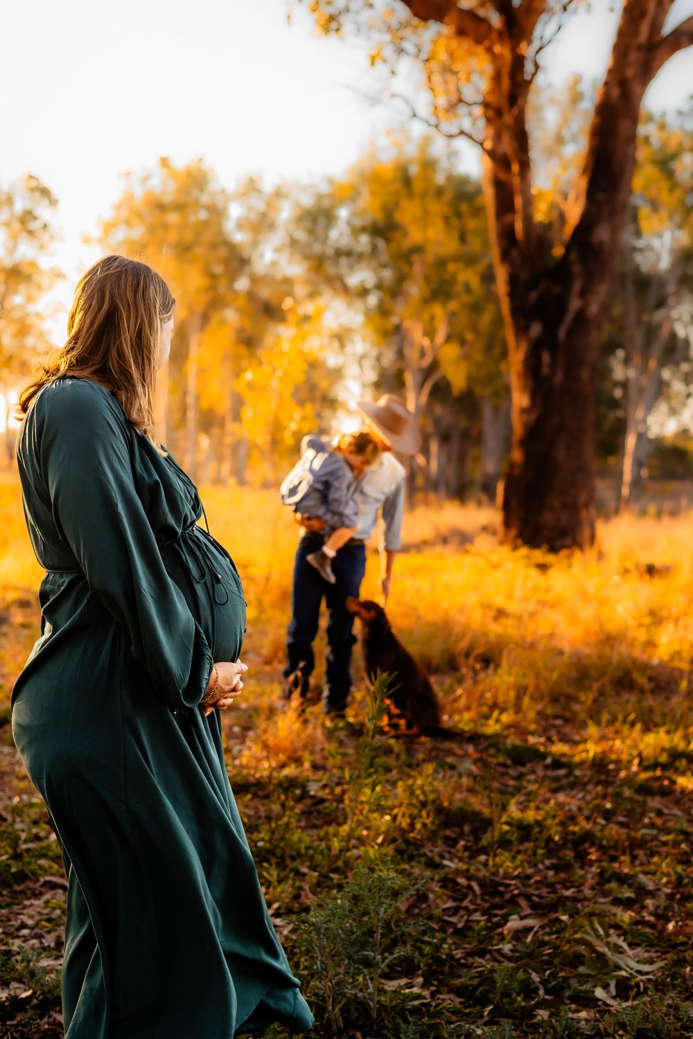 A couple and their dog share a tender moment in a sun-drenched autumn field at golden hour.