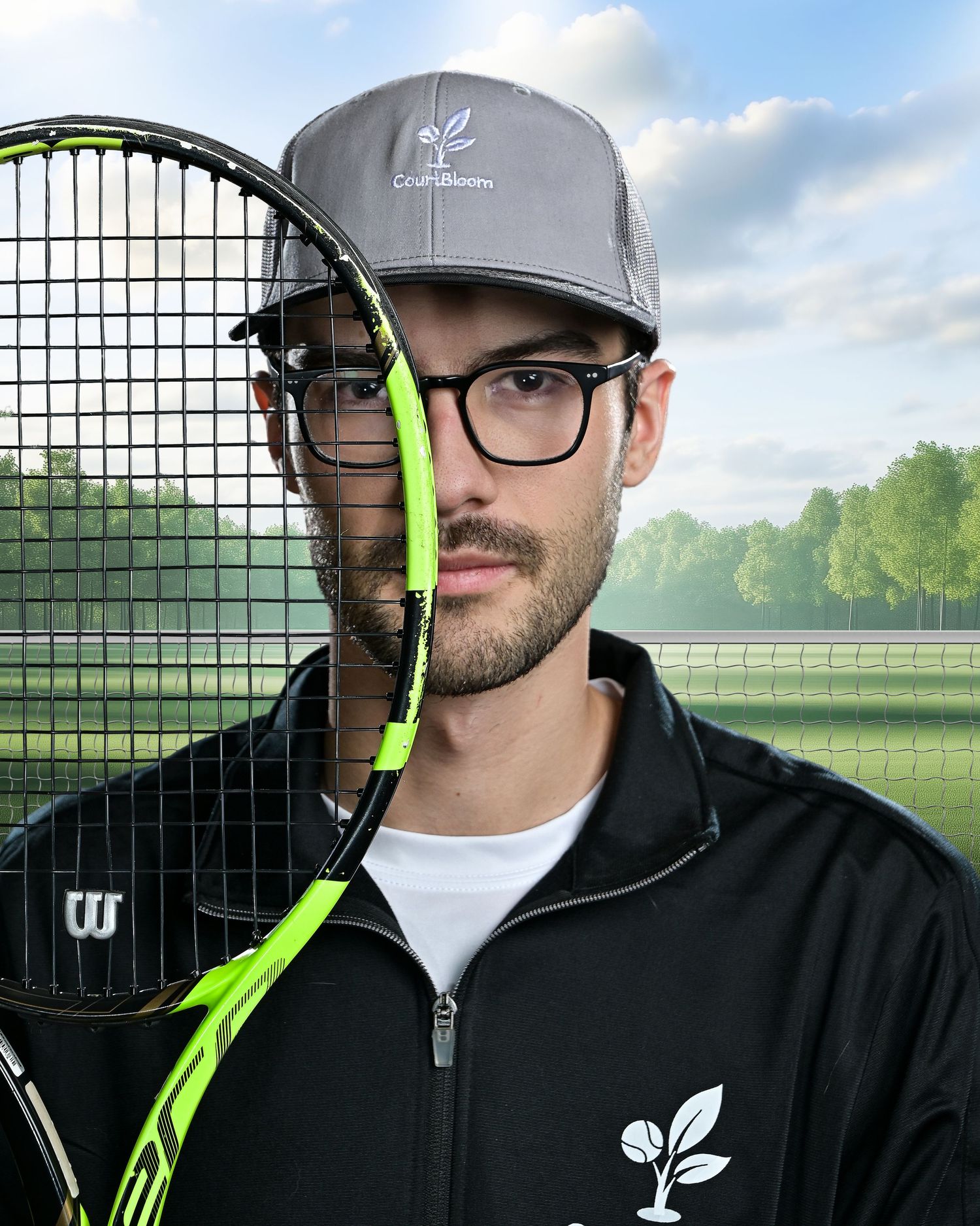 Professional headshot against outdoor tennis court backdrop wearing a gray cap and black jacket.