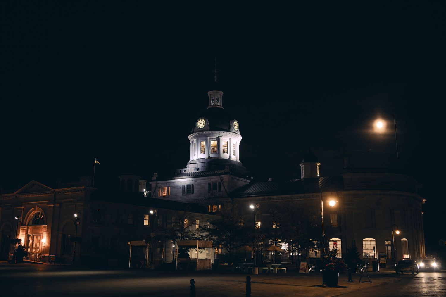 Kingston Ontario City Hall lit up at night at Springer Market Square