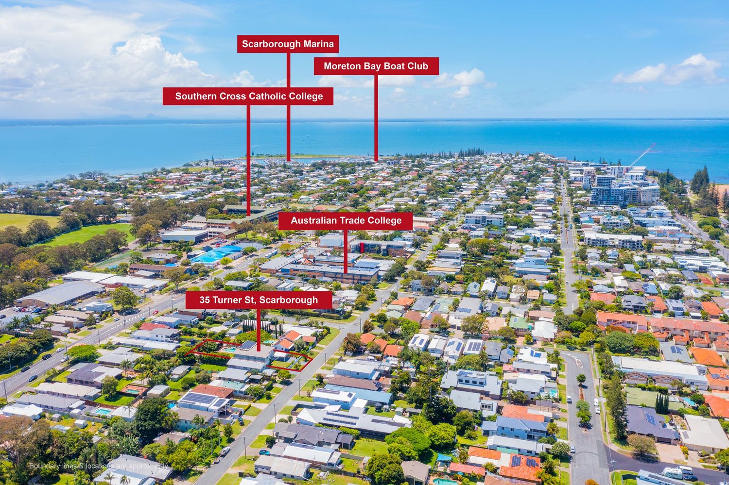 Aerial view of Scarborough coastal suburb showing Southern Cross Catholic College, Australian Trade College, and Moreton Bay Boat Club.