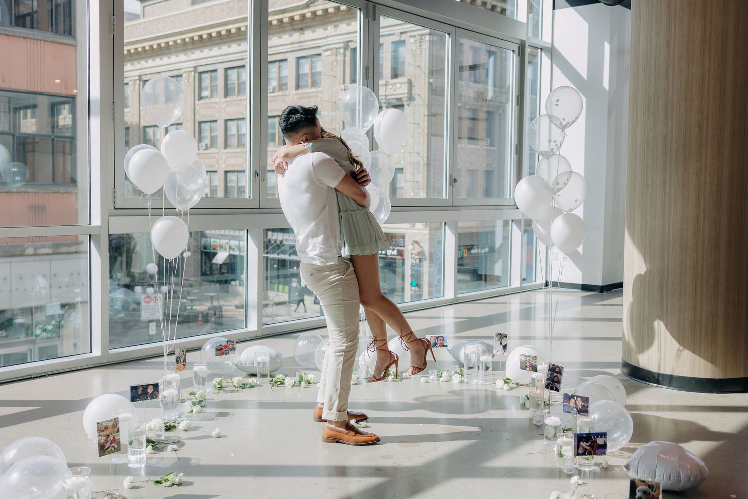 A series of five connected photos showing a person dancing gracefully in a bright modern building interior.