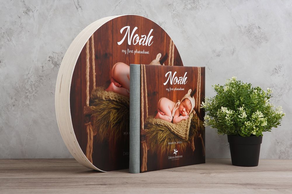 Book mockups displayed against a textured gray wall with decorative plants and oval frames.
