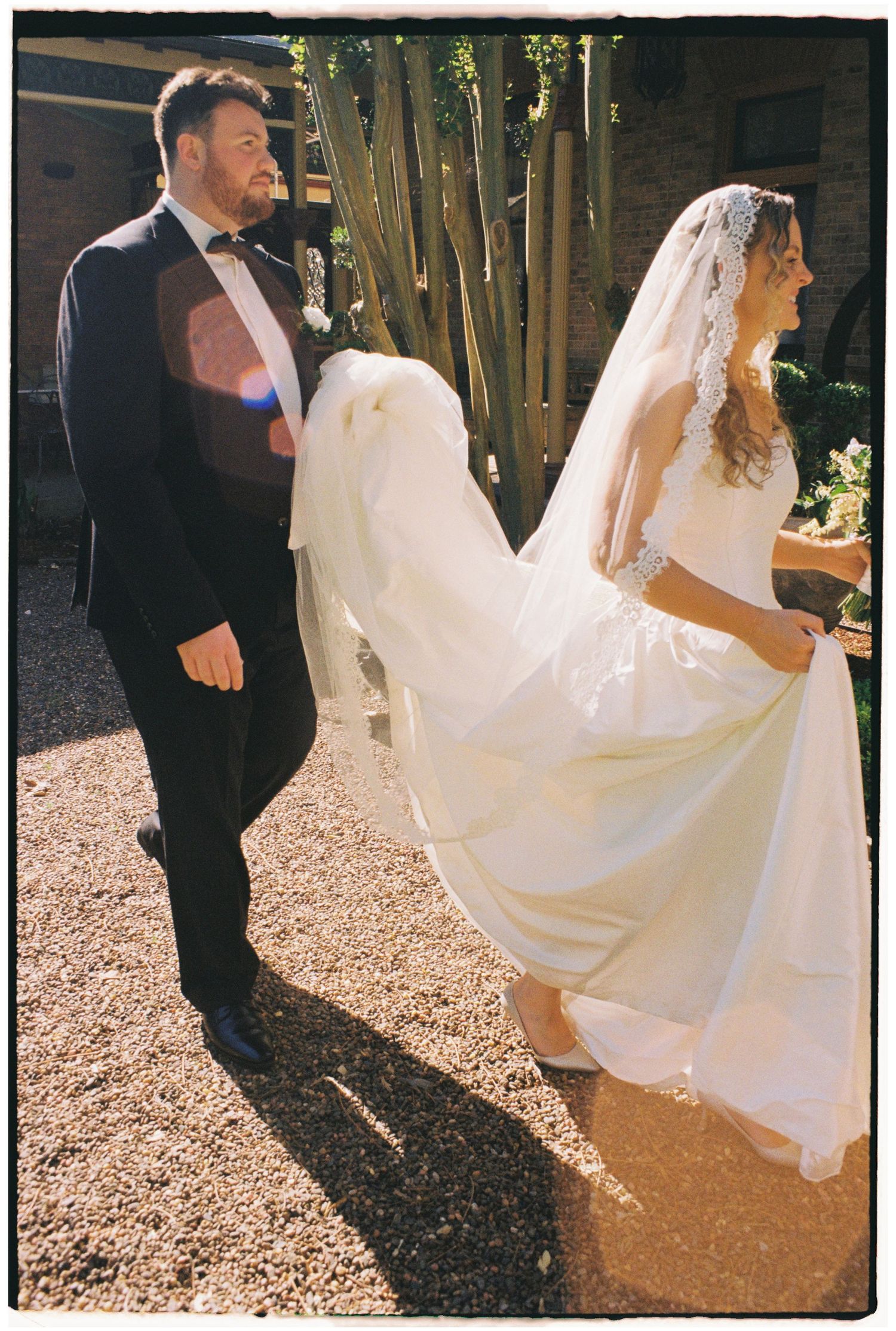 A series of wedding photos showing a bride in a flowing white dress swaying back and forth in natural outdoor lighting.