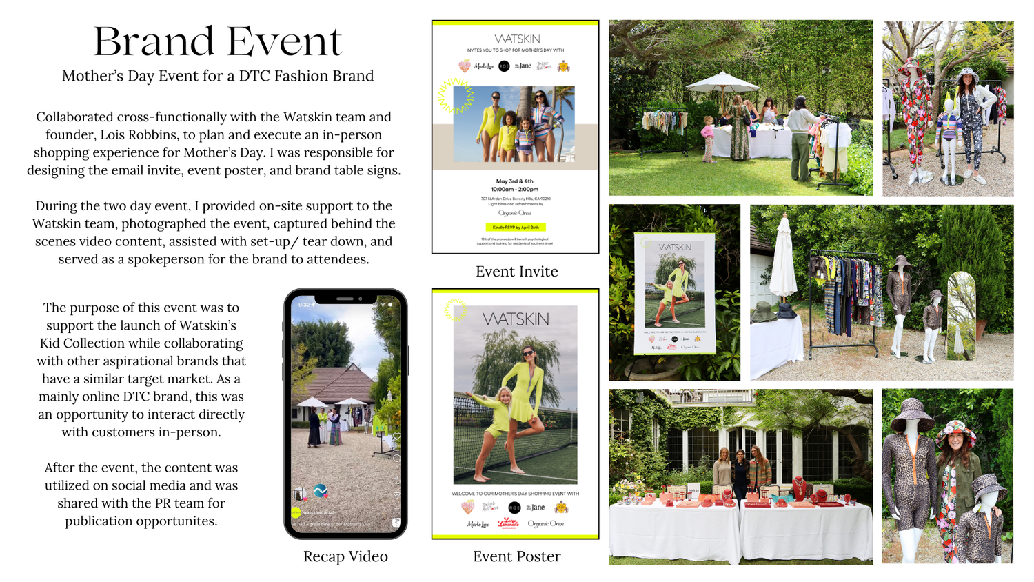 A grid layout of outdoor event photos showing garden party scenes with floral arrangements and social gatherings.