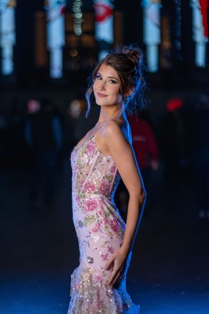 Prom portraits in Charleston SC with high school senior wearing floral pink dress