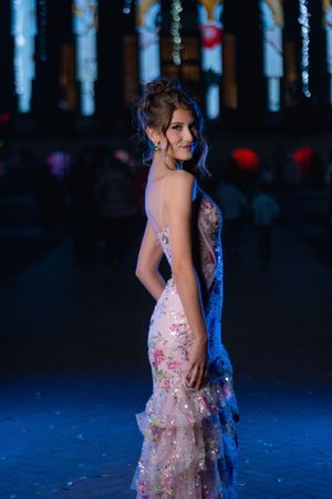 Charleston prom photographer capturing high school senior portrait in elegant floral gown