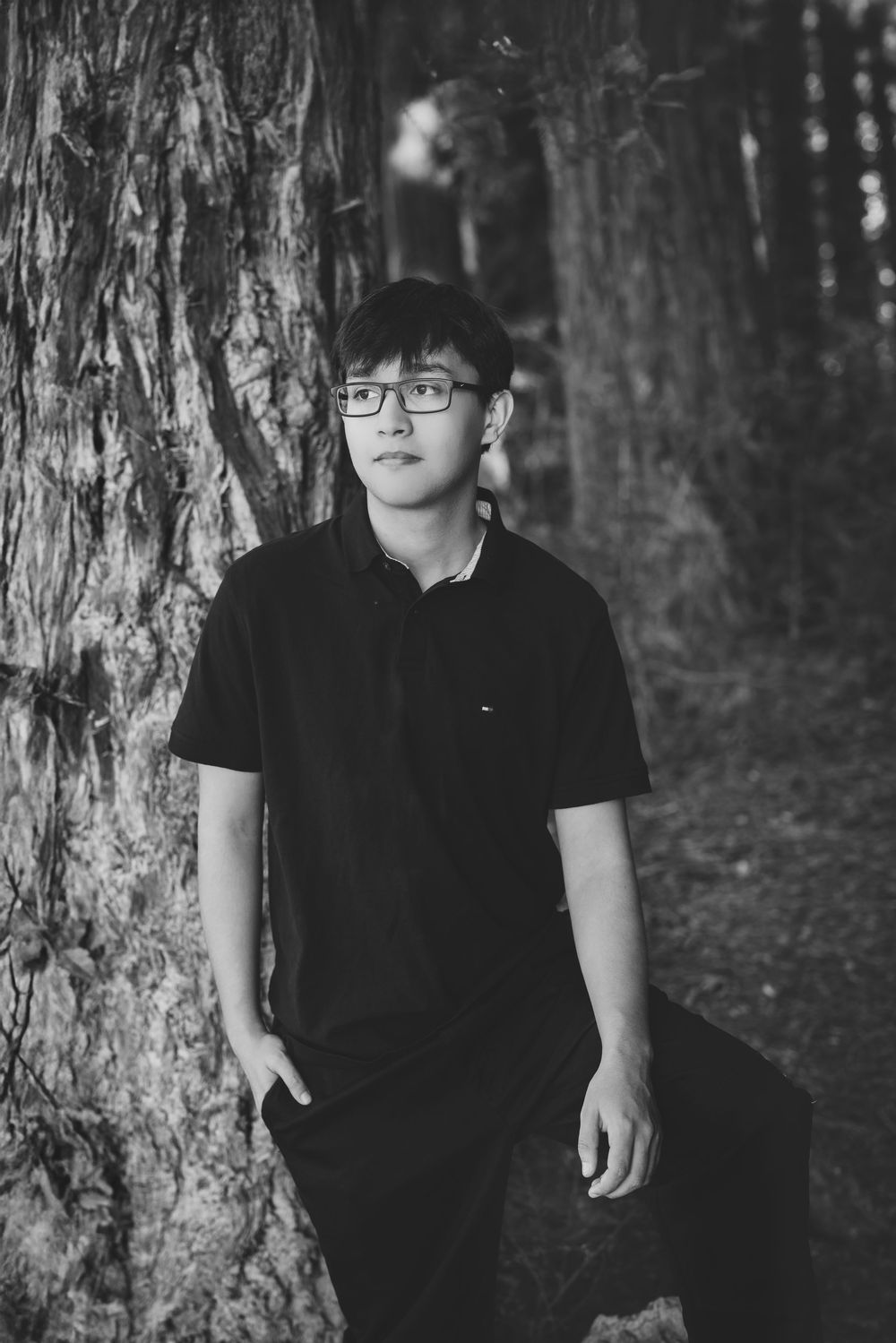 A series of black and white portraits showing someone in a dark shirt sitting against trees in a forest setting.