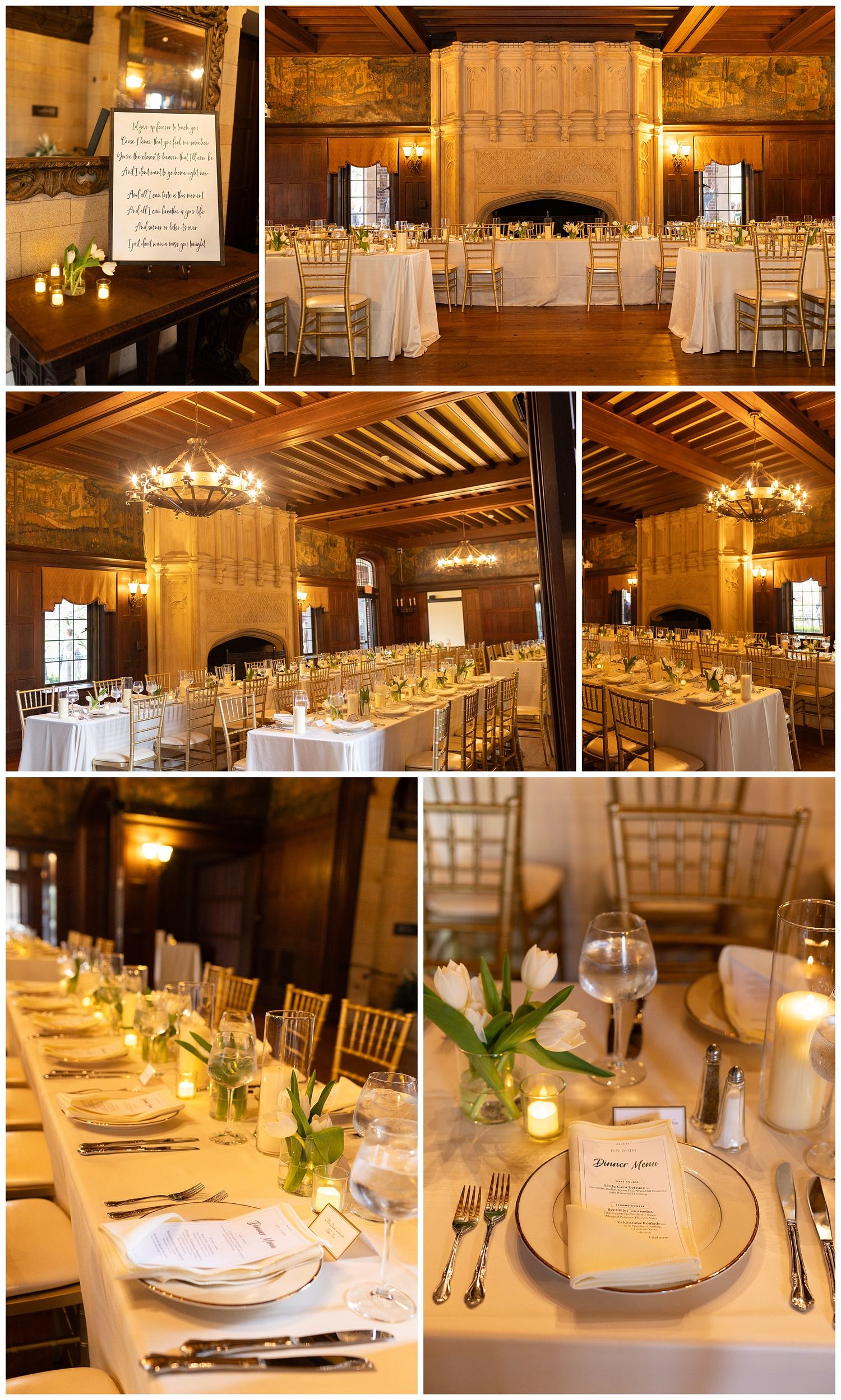 Elegant wedding reception venue with warm wooden beams, chandeliers waveny house wedding reception.