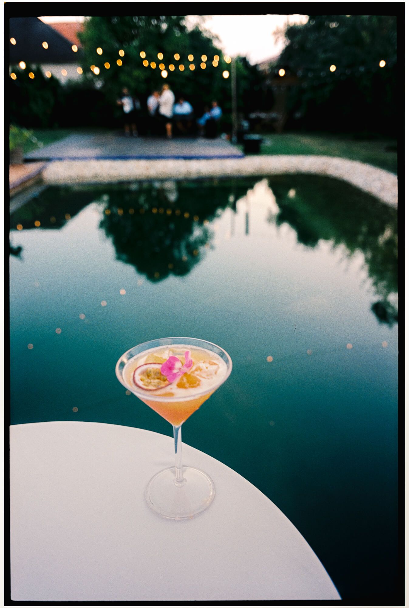 Elegant cocktail in martini glass with citrus and pink flower, poolside at dusk with string lights reflected in water.