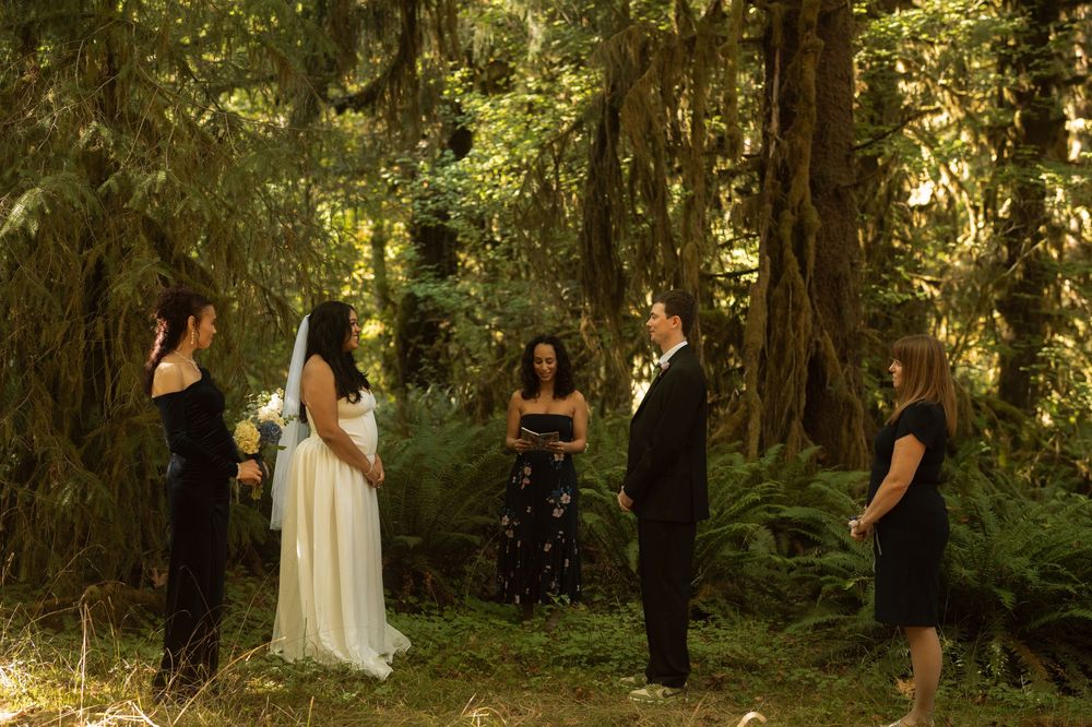 Wedding party gathered in a serene forest clearing during an outdoor ceremony.
